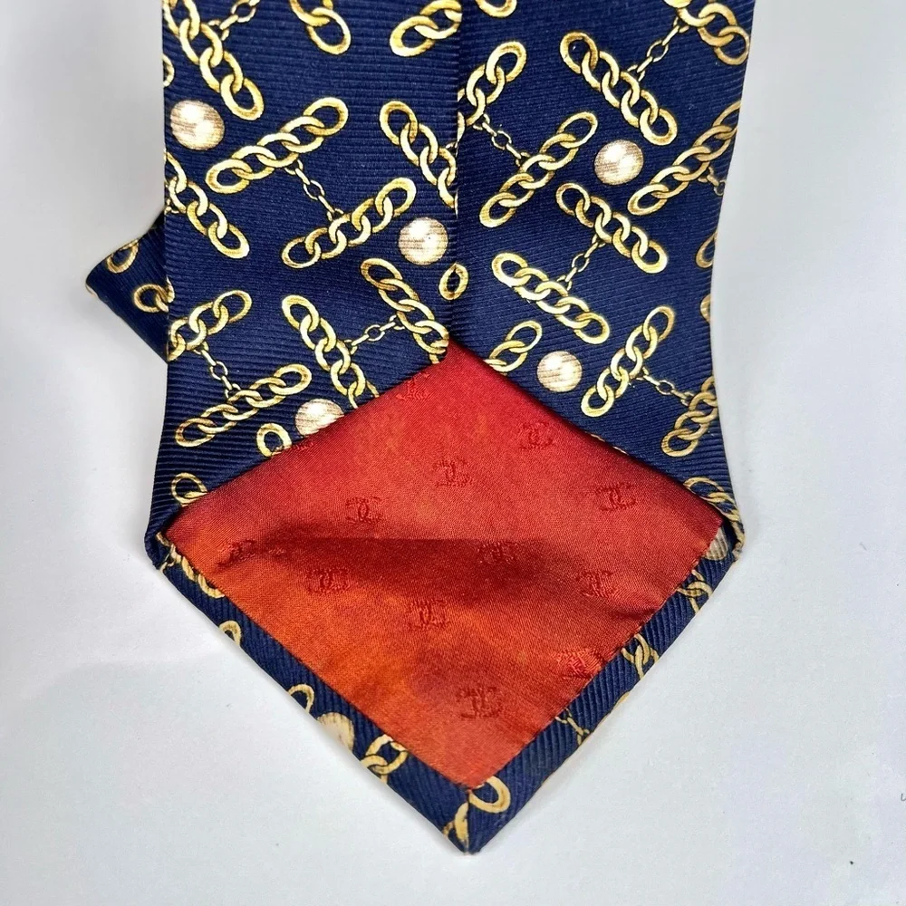 Chanel Navy Tie with Gold Chain Pattern